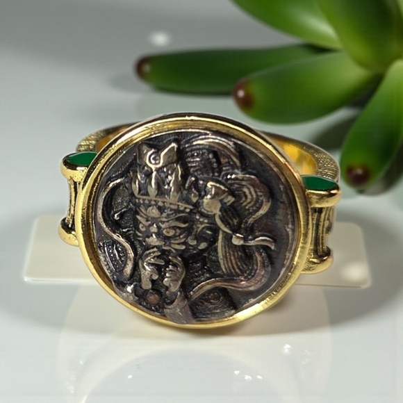 Designer Jewelry - 18k Gold Plated 2 Tone Ancient Dragon Coin Emerald Cabochon Ring